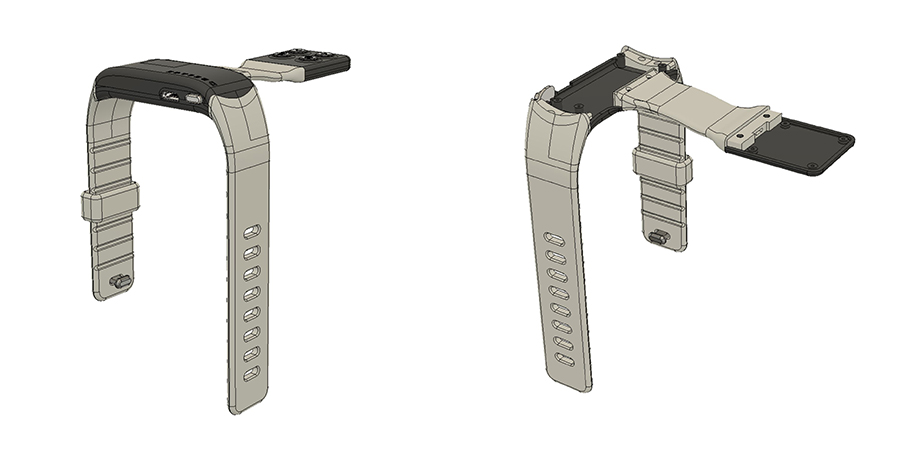 Projekt cyfrowy opaski sportowej w dwóch rzutach. Widać na nich złożoność przedmiotu.